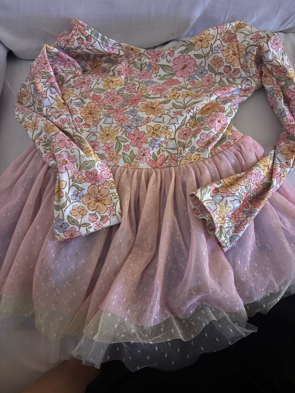 Floral Long Sleeve Tulle Dress - Pink, Yellow, Green